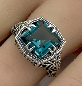 ANILLO TOPACIO SIM FILIGRANA PLATA ESTERLINA 925 DISEÑO VINTAGE AZUL LONDRES #1353 - Imagen 1 de 4
