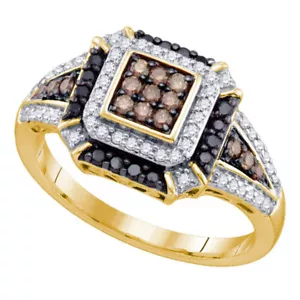 10kt Yellow Gold Womens Round Black Color Enhanced Diamond Cluster Ring 1/2 Cttw - Picture 1 of 1
