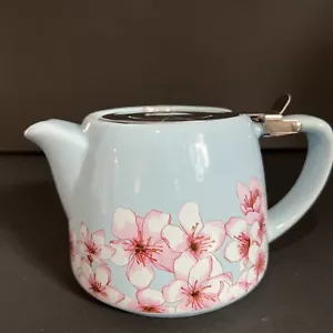 Alfred Ceramic & Stainless Steel Teapot Blue Cherry Blossom 20 Oz NEW - Picture 1 of 7