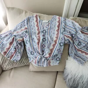 Lavender Field Anthropologie Top Womens S Aztec Print Tie Front Bell Sleeve - Picture 1 of 3