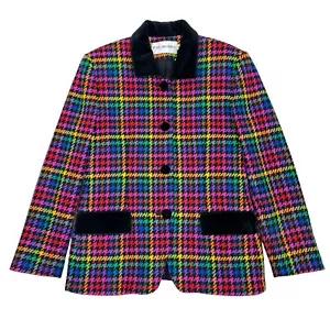 Vintage JH Collectibles Rainbow Houndstooth Wool Velvet Blazer Size 6 Colorful - Picture 1 of 15