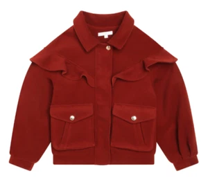 $708 Chloe Girls Bomber Jacket Red frilled zip up 100% lambs wool Size 12 NWT - Picture 1 of 5