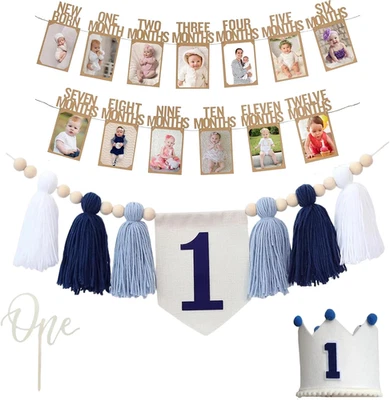 Banner de silla alta de primer cumpleaños hecho a mano decoraciones de cumpleaños para bebé niño con G Foto 1 de 4
