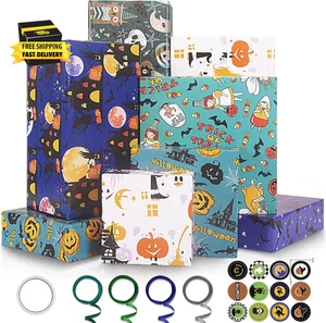 Juego de Papel de Envolver Halloween, 6 Hojas Bruja Murciélago Fantasma Calabaza Gato Láser Regalo Wr - Imagen 1 de 6