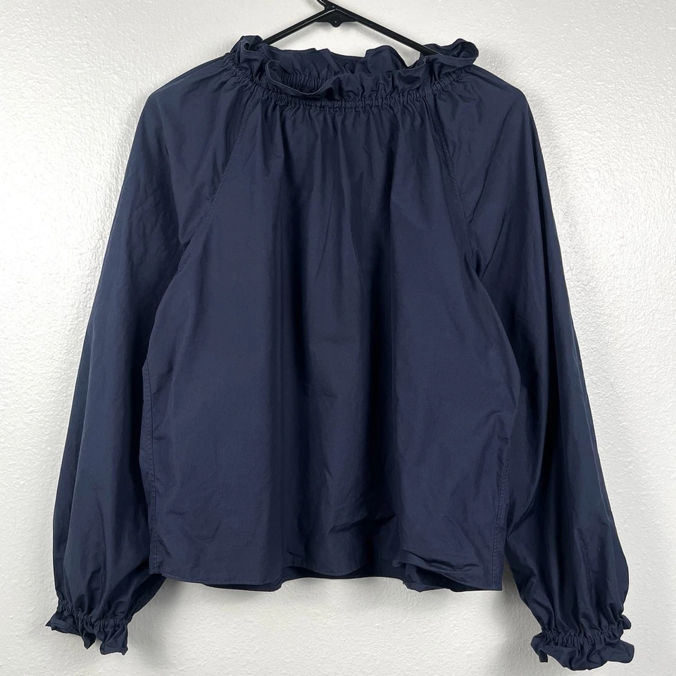 Blusa Top Ann Mashburn Mediana Azul Marino Algodón Volantes Cuello Alto Manga Larga Foto 1 de 4