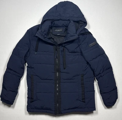 Abrigo acolchado Marc New York para hombre M plumas de plumón de aves acuáticas reales azul con capucha Foto 1 de 4