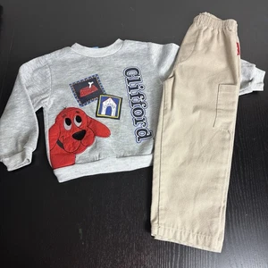 Vintage 90er Clifford der große rote Hund Jungen 5T grau Sweatshirt & hellbraune Hose Outfit - Bild 1 von 15