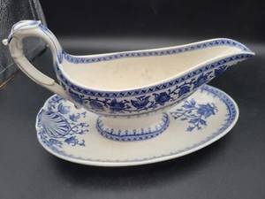 Vintage Ceramic Gravy Boat Attached Plate Blue White Syra Sarreguemines - Picture 1 of 7