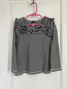 Tea Collection girls 5 black white stripe red trim ruffles long sleeve shirt - Picture 1 of 4
