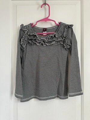 Tea Collection girls 5 black white stripe red trim ruffles long sleeve shirt - Image 1 of 4