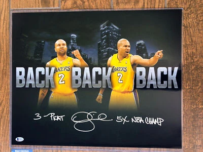 LA Lakers Derek FISHER Signed "3-PEAT" & "5x NBA CHAMP" 16x20 Photo BAS Beckett - Image 1 of 4