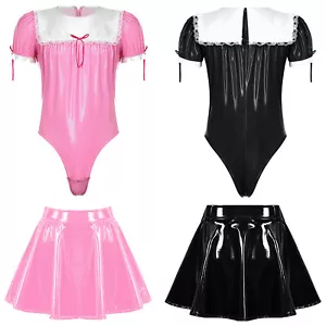 Men's Wet Look PVC Leather French Maid Costume Sissy Leotard Bodysuit with Skirt - Picture 1 of 31