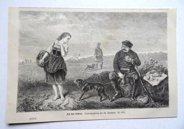 Auf dem Anstand. Jäger, Jagd, Jagdhund, Mädchen, Th. Hosemann, Holzstich um 1875 - Bild 1 von 1
