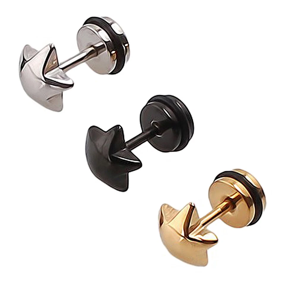 Acciaio Inox Falso Orecchini Spina 3D Stella Star Nero Oro Argento Donna Uomo - Immagine 1 di 1