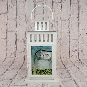 Vtg Ikea Fused Glass Metal Lantern White Artistic Nature Themed Candle Holder - Picture 1 of 12