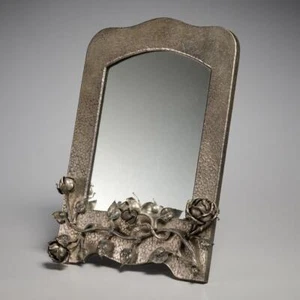Art Nouveau French Style Rose Insect Pewter Table Easel Vanity Mirror 14"h 10"w - Picture 1 of 5