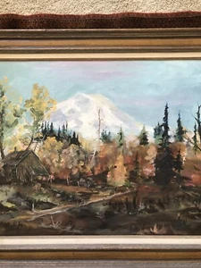 24” x 36” Painting Gene Amondson Folksy Landscape with Cabin & Trees - Picture 1 of 12