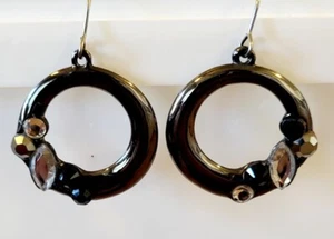 CHICO's Dangle Earrings Hoops Bronze Tone Rings Circle Rhinestones Hooks 1"  NWT - Picture 1 of 7