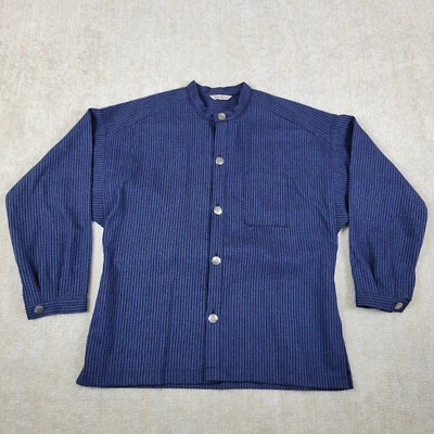 Vintage 70s Roros Tweed Wool Shirt Size 46 L Blue Striped Button Up Farmer Chore - Image 1 of 4