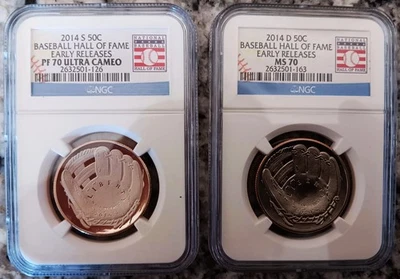 2 Coin Set 2014 D & S NGC PF70 MS70 Early Rel Baseball Hall Of Fame 50c OGP - Image 1 of 4