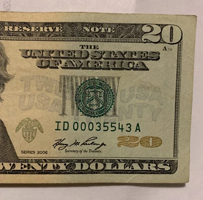 2006 Series $20 FRN D4 District , Low Run S# ID 00035543 A - Image 1 of 3