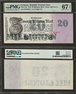 GERMANY 20 Million Mark 1923, P-97b PMG 67 EPQ Superb Gem UNC TOP POP FINEST - Picture 1 of 1