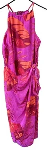 JOHN ROBERTS Pink Orange BRIGHT TROPICAL Halter TIE ZIP LINED DRESS 12 Wrap Tie - Picture 1 of 10