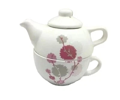 LSN/YR théière solitaire blanche céramique fleurs roses grises - Photo 1/4
