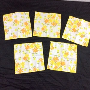 Vintage 1970s Cocktail Napkins Yellow Orange White Floral Cloth Set Of 5 - Picture 1 of 12