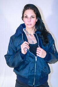 AIR FORCE STYLE FLIGHT JACKET NAVY BLUE W/ FUR LINED COLLAR SIZE 12 JJ 900