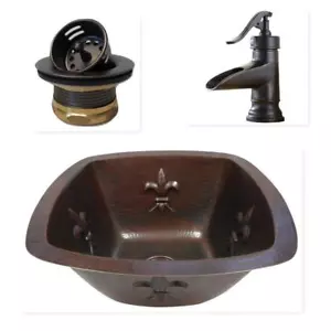15" Square Copper Bar Sink with FLEUR DE LIS design and 2" Drain and ORB Faucet - Picture 1 of 4