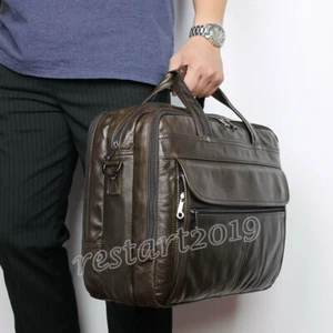 Para hombre Retro Primera Capa Piel de Caballo Loco Bolso con Cremallera Tres Capas Bolso de Mano Negocios - Imagen 1 de 24