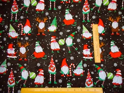 Christmas Fabric 5/8 Yard Happy Silly Xmas Gnomes Black/Gray Premium Cotton #32 - Image 1 of 2
