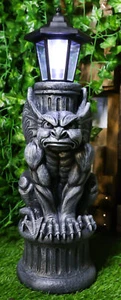 Ebros Gothic Gargoyle Statue with Solar LED Lantern Light Post 20" Tall Figurine - Picture 1 of 11