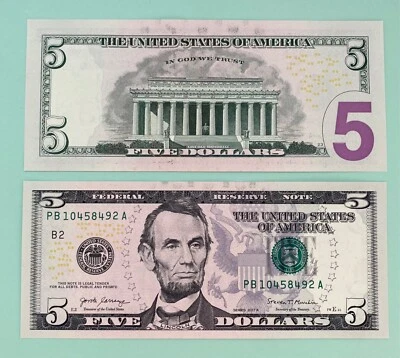 (2) CONSECUTIVE 2017 A $5.00 FEDERAL RESERVE NOTES OFFSET INK TRANSFER ERRORS #1 - Image 1 of 4