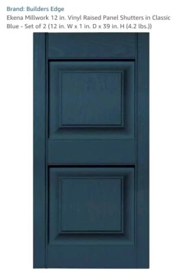 12"×39" Raised Panel Vinyl Shutters Set Of 2 Shutters Classic Blue - Image 1 of 4