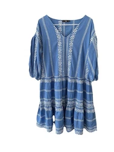F&F Blue & White Embroidered Cotton Blend Aztec Print Tunic Fit & Flare Dress  - Picture 1 of 2