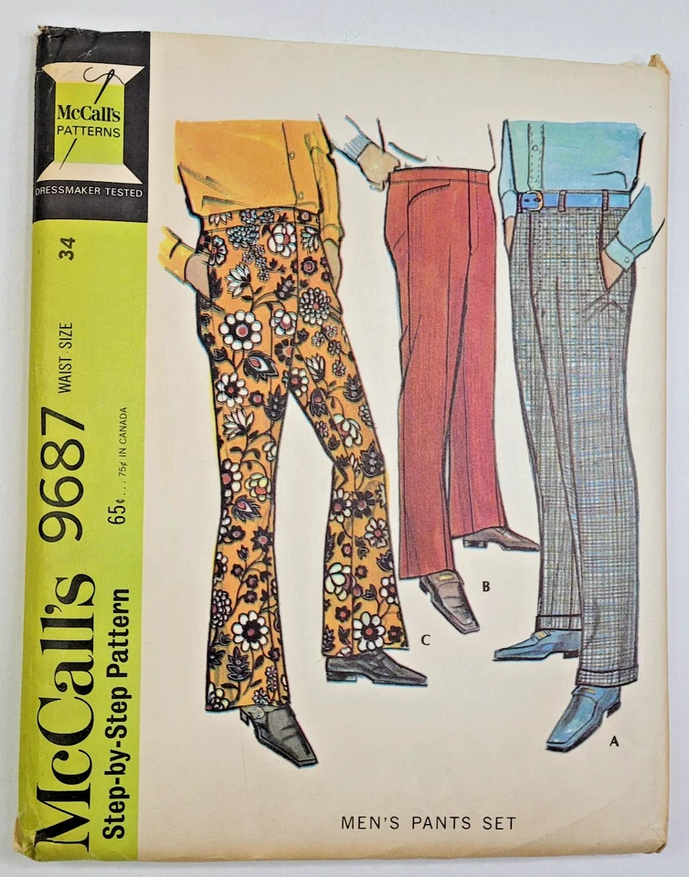 VTG 60s McCalls Sew Pattern 9687 Mens Set of Pants Bell-Bottoms Waist 34 UNCUT - Image 1 of 3