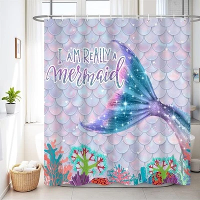 Cortina de ducha cola de sirena 72x72 pulgadas, con 12 ganchos, poliéster, lavable Foto 1 de 4