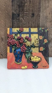 Vintage Ceramic Hanging Picture, 3D Tile Of Fruit & Flowers, By Daugall - Picture 1 of 7