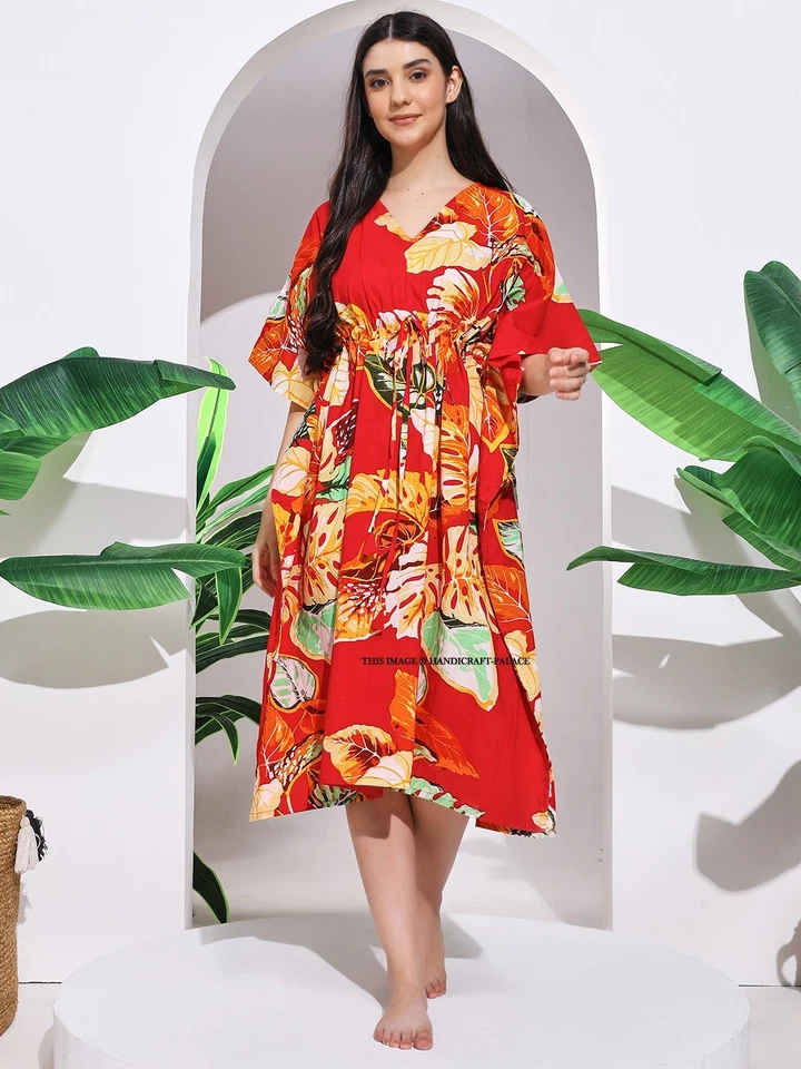 Court Coton Imprimé Robe Caftan Boho Plage Tunique Rouge Floral Resort Vêtement - Photo 1/4