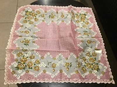 Красивый винтажный золотой желтый и розовый цветочный носовой платок 13 «x 13» #265A - Изображение 1 из 4