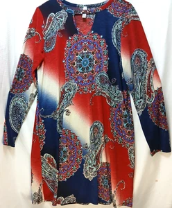 Paisley Grace XL Long Sleeve Tunic Dress Red Navy Boho Paisley Medallion Pockets - Picture 1 of 12