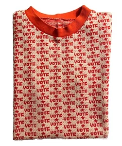 Camicia anni 70 "Vota" maglia jacquard novità hippie ringer XS/S rossa e bianca rara - Foto 1 di 12