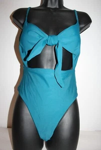 Turquoise Teal One Piece Swim Bathing Suit Tie Front Cut Outs Size Medium NEW  - Picture 1 of 7
