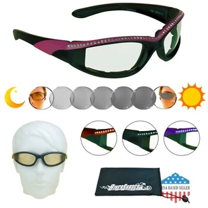 Women Day Night Transitional Motorcycle Sunglasses Rhinestones Wrap Foam Cushion - Picture 1 of 25