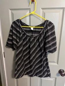 CHARLOTTE RUSSE Black & Gray Stripe Fitted Sleeve Tunic Top Shirt Blouse L - Picture 1 of 4