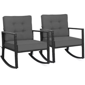 2 PCS Patio Rattan Rocker Chair Outdoor Glider Rocking Chair Cushion Lawn Grey - Picture 1 of 12