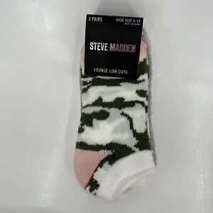 Steve Madden Women's Cozy Lounge Socks Green Camo/Pink 3 PAIRS sz 5-10 Grippers