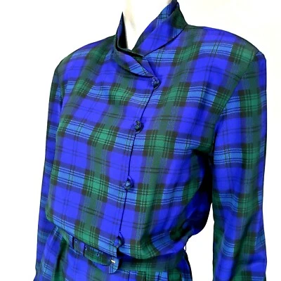 Nuevo Vestido Vintage Talbot's Tartán Manga Larga Cinturón Azul Verde Raro Exquisito Foto 1 de 4